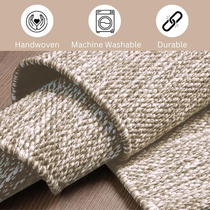 Hand Woven Area Rug 2x3 Feet - Rustic Farmhouse Boho Accent Rug for Living Room Bedroom Kitchen Entryway Floor Mats - Ideal for High Traffic Areas 100% Cotton Rag Rug Natural