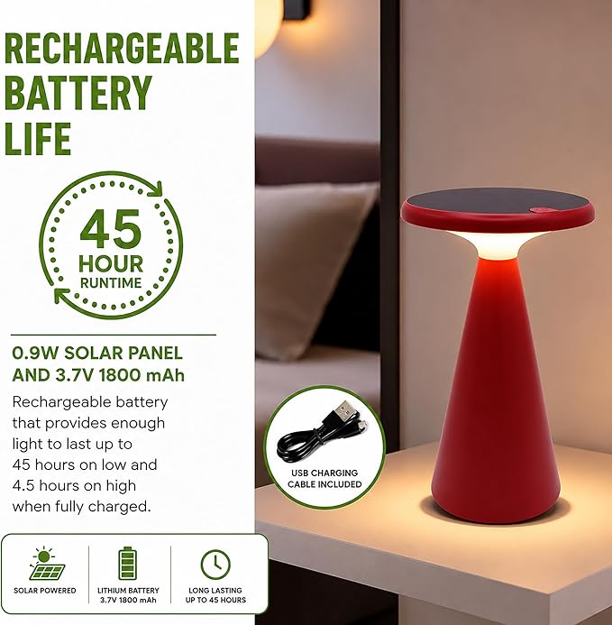 Portable Solar Powered Mushroom LED Table Lamp - Indoor/Outdoor Use - Stepless Dimming - Up to 45 Hour Rechargeable Battery - 1.6W, 160 lumens, 2700K - IP44 Weather Resistant - Red