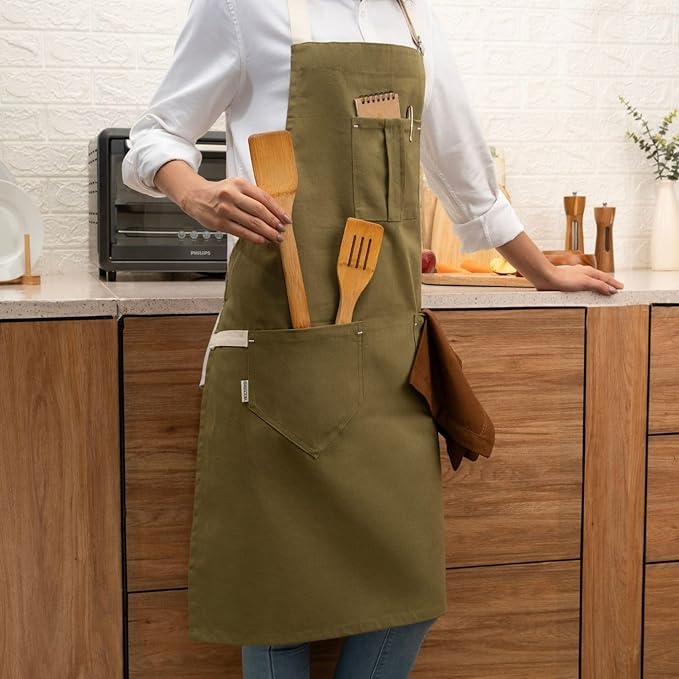Cotton Canvas Apron for Women & Men – Adjustable Neck Strap & Waist Ties with Pockets