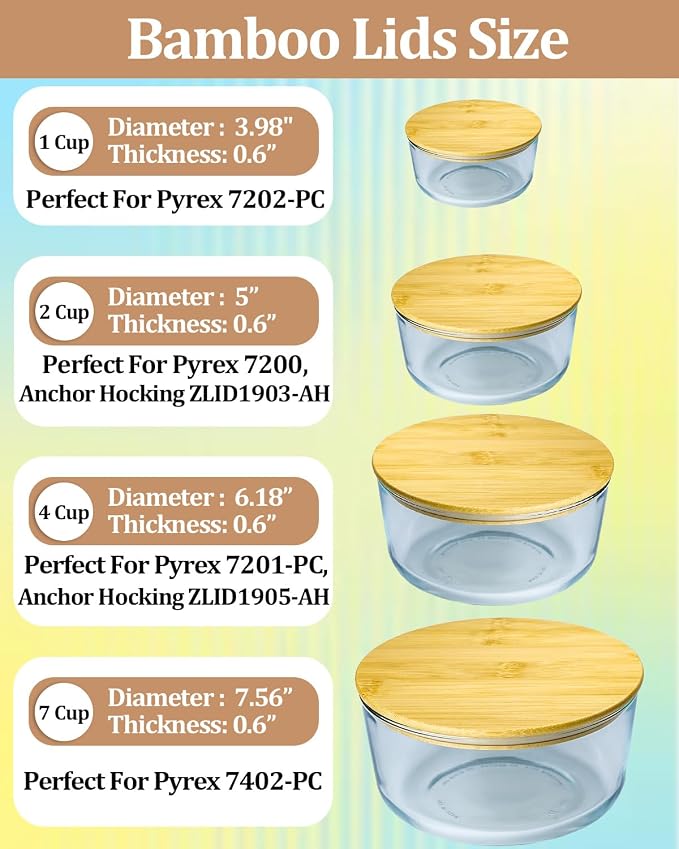 Replacement Wooden Lids for Pyrex, Anchor Hocking Glass Containers, Bamboo Lids for Pyrex Glass Bowls, Bowl Covers with Leakproof Silicone Gasket 1Cup*2+2Cup*2+4Cup*2+7Cup*2