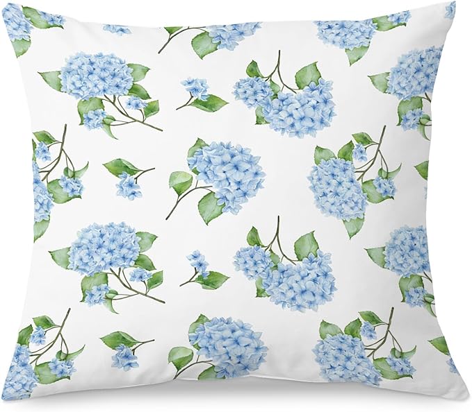 Blue Hydrangea Floral 18x18 Pillow Cover, Farmhouse Cottage Core Hydrangea Flower Botanical Decorative Throw Pillow Cover for Home Bedroom Living Room