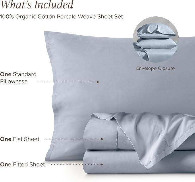Bare Home 100% Organic Cotton Twin XL Sheet Set - Crisp Percale Weave - Lightweight & Breathable - Bedding Sheets & Pillowcases (Twin XL, Dusty Blue)