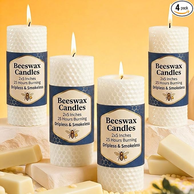 4 Pack Beeswax Pillar Candles, Pure Natural White Beeswax Pillar Candles-80 Hours Long Burning,Organic Unscented Bees Wax Candles for Home,Paryer, Dripless & Smokeless, 2x5in