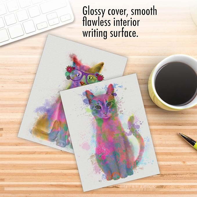 The Best Card Company - Assorted Kittens Watercolor Blank Greeting Box Set - Incl. 10 Unique Design Notecards + Envelopes for Thank You, Invitation - Funky Rainbow Cats AM6199OCB-B1x10