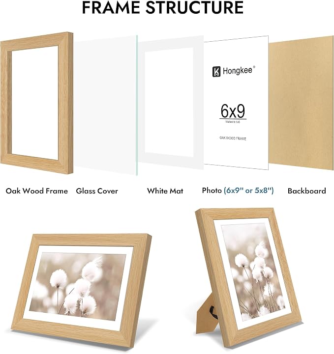 Hongkee 6x9 Oak Wood Picture Frame, Display Photos 5 x 8 with Mat or 6 x 9 without Mat - Tempered Glass Cover, Horizontal and Vertical Display for Wall or Tabletop (Natural Oak, Set of 1)