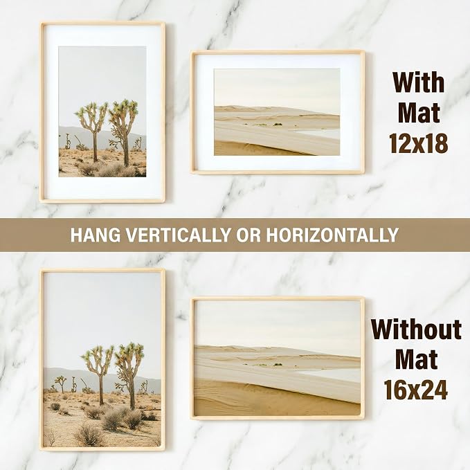 16x24 Poster Frame, USA-Sourced Maple Wood Picture Frame with HD Tempered Glass, Handcrafted Rounded Corner 16 x 24 Wooden Frame Matted to 12x18 Photos, Horizontal or Vertical Wall Display