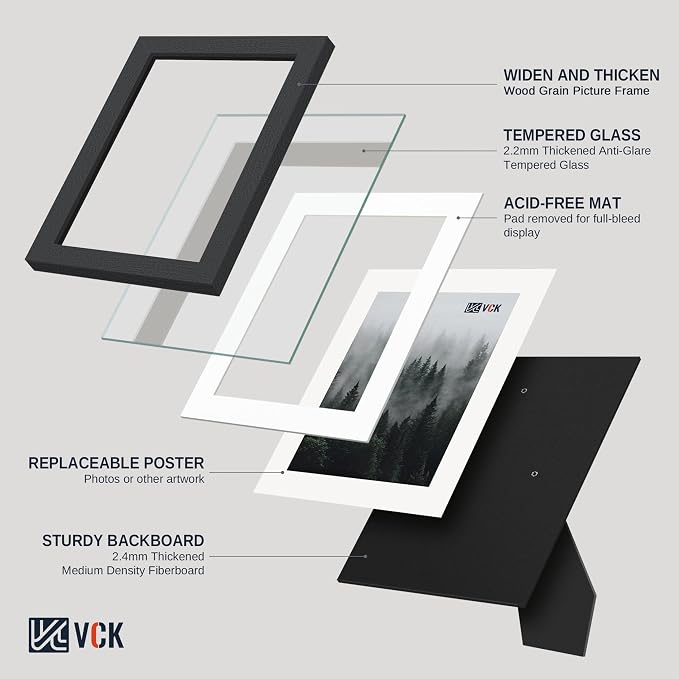 VCK 8x12 Picture Frames Black - 6 Pack, Wide Border Solid Wood, Tempered Glass, Display 6x8 Photo with Mat or 8 x 12 Without, for Home, Office, Gallery, Woodgrain Series, Tabletop & Wall Hanging