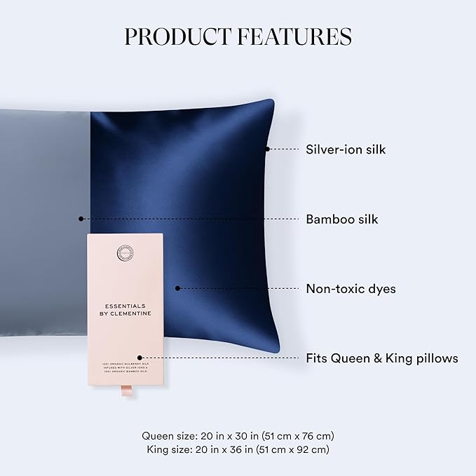 Clementine Sleepwear Essentials Organic King Size Pillowcase Blue Lagoon | Two-Tone Bamboo and Silver Ion Silk for Acne-Prone Skin, Anti-Aging, and Hydrated Hair and Skin
