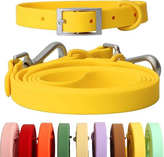 Dog Collar and Leash Set, Durable Waterproof Dog Leashes Collars, 5 Length Setting Adjustable Dog Collars for Large Medium Small Dogs (Yellow, S)
