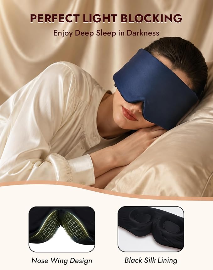 SilkSilky Silk Sleep Mask for Side Sleepers - 22 Momme 100% Mulberry Silk, Wide Face-Hugging 3D Eye Mask for Total Blackout, Zero Pressure & Adjustable Band for Women Men (Dark Blue)
