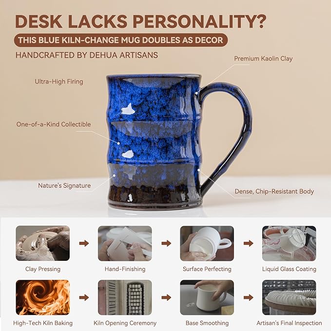 22oz Blue Kiln-Change Ceramic Coffee Mug with Ergonomic Handle, 1340℃ High-Fire Large Mug - Lead-Free, Microwave Safe, Great Gift for Valentine’s/Mother’s Day