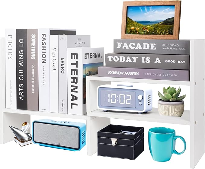 PowerKing Wood Desktop Organizer, Adjustable Display Shelf Rack for Home Office Desktop Storage Supplies Organization (White)
