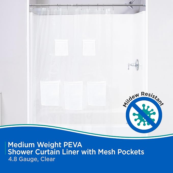 Kenney KN61447 Medium Weight 5 Gauge Waterproof PEVA Shower Curtain Liner with 5 Mesh Storage Pockets and Rust-Resistant Metal Grommets for Bathroom, 70" W x 72" H, Clear