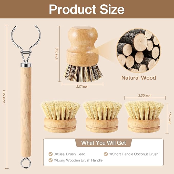 5 Pcs Bamboo Dish Brush Set Includes 1 Wooden Handle with 3 Natural Replaceable Bristle Heads and 1 Handheld Bamboo Wok Brush Scrubber for Dishes Pans Pots Fruit and Veggie Washing(Style B)