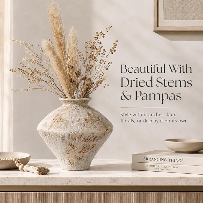 Large Wabi Sabi White Vintage Ceramic Vase, 11" Rustic Pottery Vase for Centerpieces, Textured Decorative Flower Vases for Table, Living Room, Bedroom, Bathroom, Kitchen, Farmhouse Home Decor Gifts