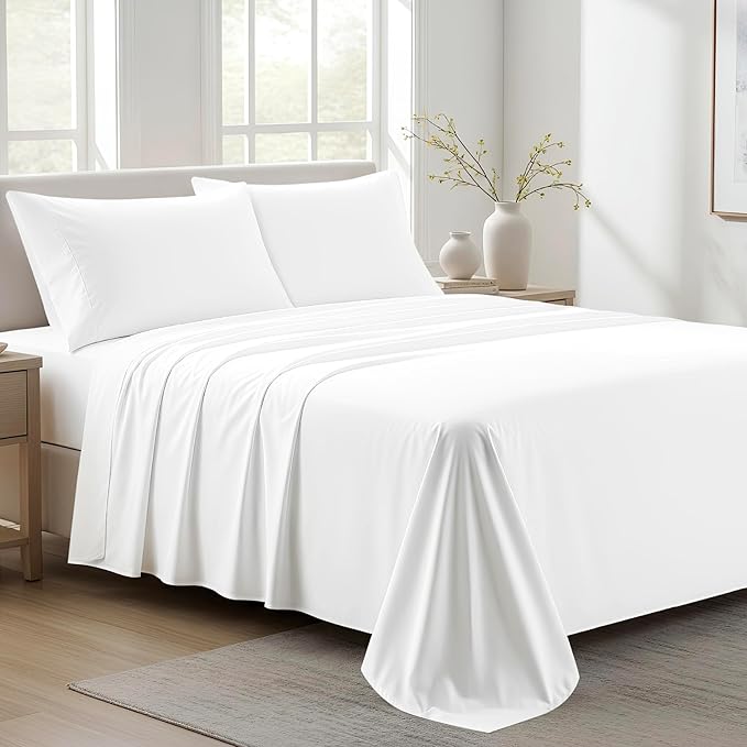 100% Organic Cotton Sheets Queen Size - Organic Cotton Queen Size Percale Weave Sheet Set (4 PC, White), Soft, Cooling, Crisp & Breathable, 16" Deep Pocket Hotel Quality Bedding Set