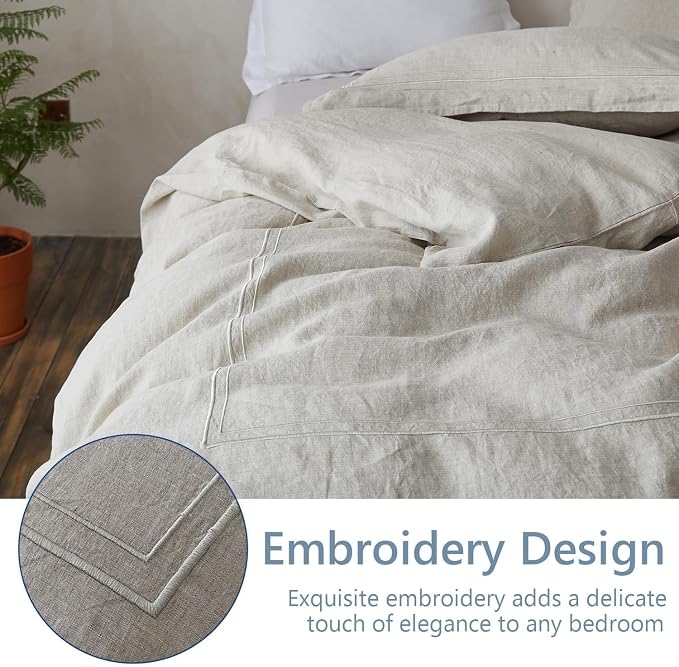Simple&Opulence 100% Washed Linen Duvet Cover Set 88"x92" - 3 Pieces Soft Farmhouse Comforter Set Double Embroidered with Button Closure - 1 Duvet Cover and 2 Pillowshams (Linen, Queen)