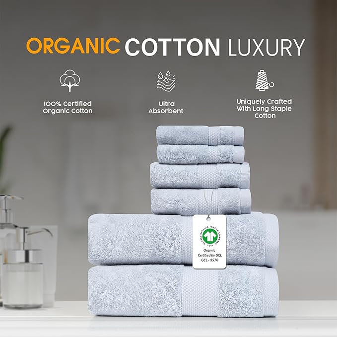 Farm to Home 100% Organic Bath Towel Set of 6 – GOTS & Oeko-TEX Certified Organic Cotton, Soft, Ultra Absorbent, Quick Dry - Includes 2 Bath Towels, 2 Hand Towels, 2 Washcloths - Sky