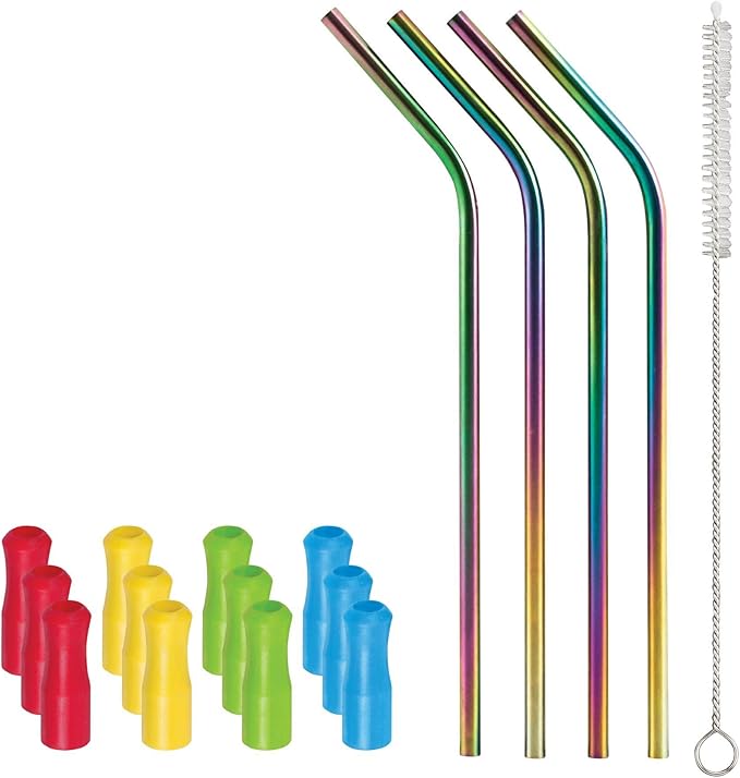 HIC Kitchen Reusable Rainbow Drinking Straws and Straw Tips, 18/8 Stainless Steel and Silicone, Includes Cleaning Brush