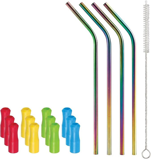 HIC Kitchen Reusable Rainbow Drinking Straws and Straw Tips, 18/8 Stainless Steel and Silicone, Includes Cleaning Brush