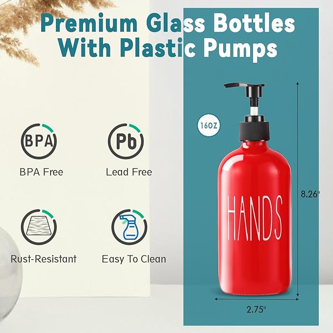 COHOSEGE Glass Soap Dispenser Set 2 Pack,16 Oz Dish Soap Dispenser for Kitchen Sink,Red Kitchen Accessories and Kitchen Decor,Red Decorations and Kitchen Utensils for Kitchen