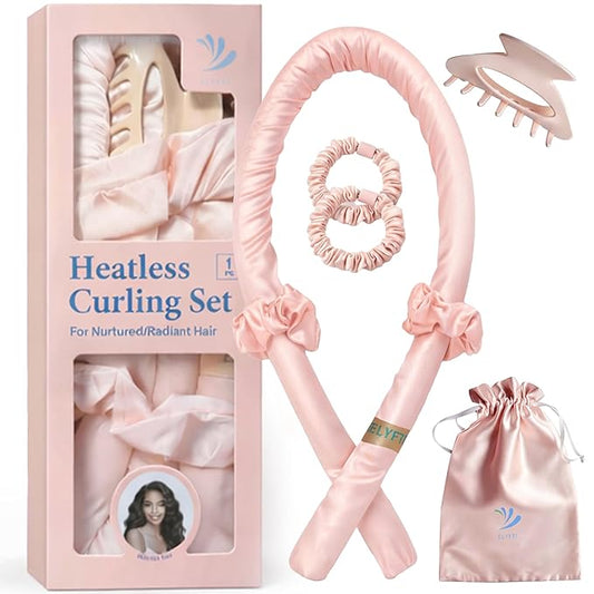Heatless Curlers, No Heat Curls Overnight, Pink Satin Flexi Rod with 6pcs Heatless Curling Set, 2 Scrunchies, 2 Hair Ties, Carry Pouch, Clip for Overnight Hair Curlers, All Type Hairs