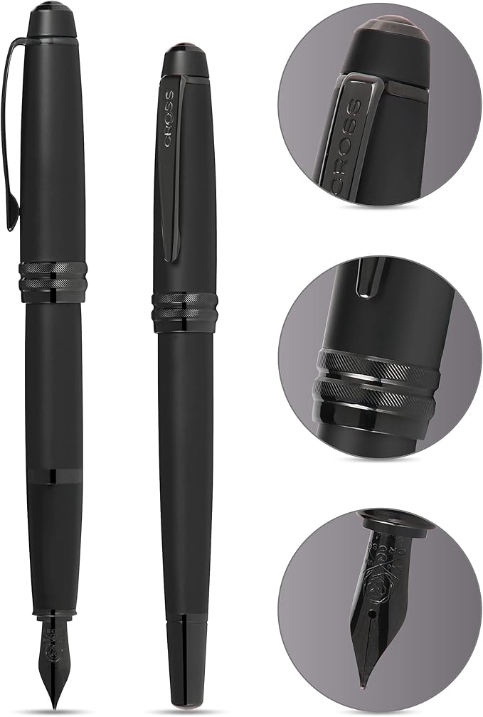 Cross Bailey Matte Black Lacquer Stainless Steel Medium Nib Fountain Pen - Professional Fountain Pen for Effortless Writing - Refillable - Black Ink - Gift-Ready