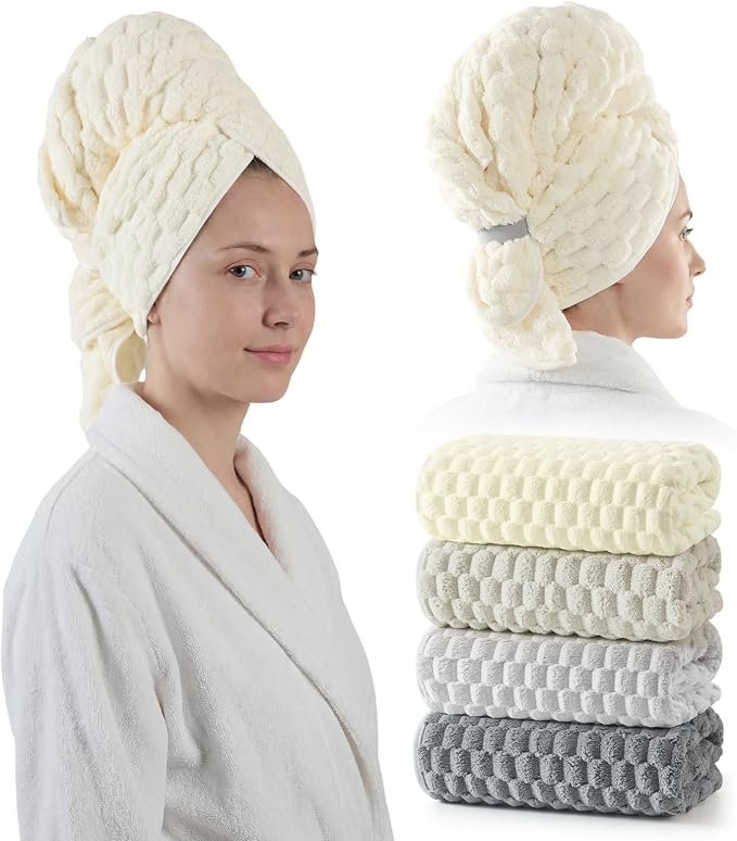 REDKISS 4 Pack Extra Large Hair Towels - Microfiber Oversized Hair Towel Wrap for Women, 23 x 47 inches Hair Towels with Elastic Strap, Super Soft Hair Drying Towels for Long, Thick, Curly Turbans