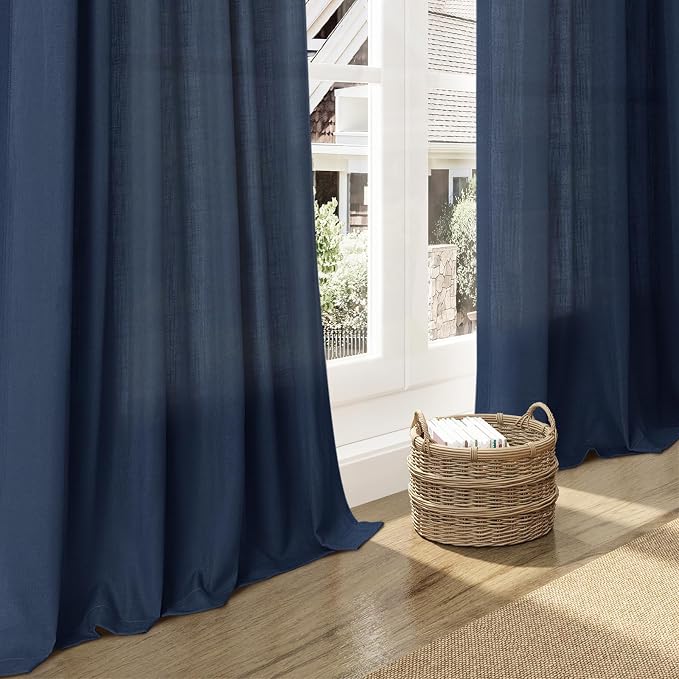 Denim Blue Linen Curtains 102 Inches Long Rod Pocket Back Tab Drapes 2 Panels Set for Living Room Sheer Light Filtering Semi Sheer Denim Blue Curtain 102 Length for Patio Sliding Glass Door 52x102