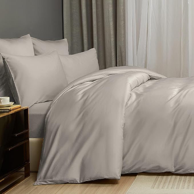 Light Taupe Cotton Duvet Cover Set King 100% Long-Staple Cotton Sateen Bedding Set, Soft Breathable Smooth Organic Pure Cotton Plain Comforter Cover, Luxury Minimalist Bedroom Decor for All Season