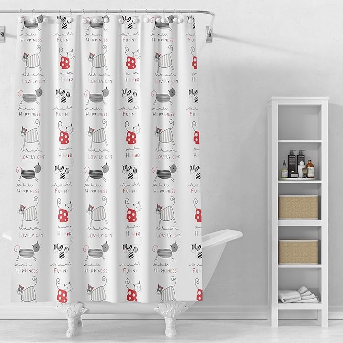 TIKABC Shower Curtain Liner, 4G PEVA Black and Red Kitten Shower Liner, Plastic Waterproof Shower Curtains, 72x72 inch with Grommet Holes 3 Magnetic Weights