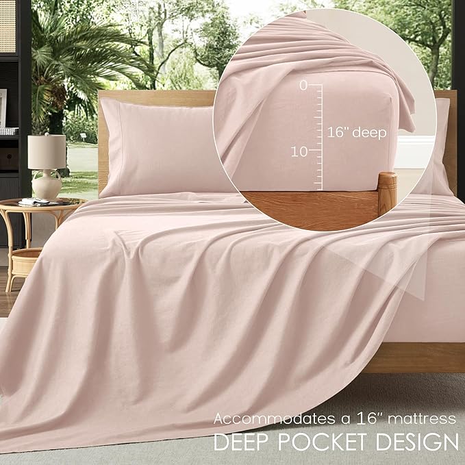 4Pcs Organic Linen Sheets California King, 100% French Linen from Normandy, Tear-Resistant Pink Cal King Sheet Set with 16 Inch Deep Pocket, 1 Flat Sheet, 1 Fitted Sheet, 2 Pillowcases