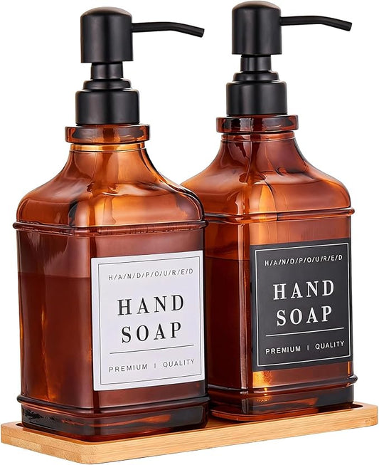Amber Glass Soap Dispenser with Pump,Tray,Funnel, Countertop Soap and Lotion Dispenser Set of 2 with 60 Stickers, Dish and Hand Soap Dispenser Bottle for Kitchen,Bathroom,Shower,500ml/16.9oz