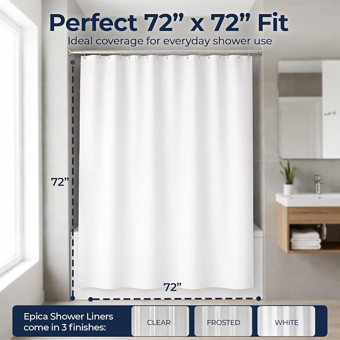 Epica Shower Curtain – Strongest Heavy-Duty Clear Vinyl 72x72 Shower Curtain Liner – Stain & Soap Scum Resistant with Rust-Proof Metal Grommets (White)
