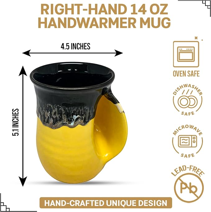 Clay in Motion Hand Warmer Coffee Mug – Handmade Coffee Mug With Comfortable Handle Contoured Pocket Hand Warming Ceramic Coffee Mug – Proudly Made in USA – Right Handed – 14 Oz - Yellow Black