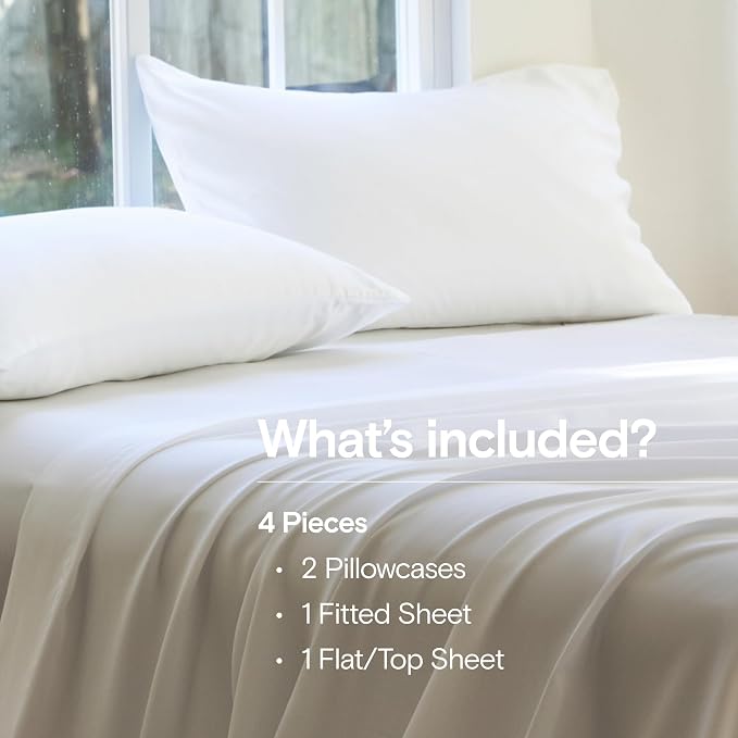 DOZ Sheet Set, 100% Viscose derived from Bamboo, Organically Grown, Buttery Soft, Cooling Sheets, High GSM, Deep Pockets - 4 Piece - 2 Pillowcases 1 Fitted Sheet 1 Top Sheet (Snow, Full)