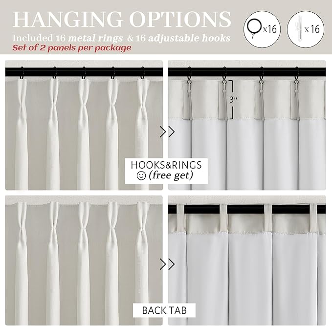 Blackout Beige White Curtains 98 Inch Long 2 Panels Set for Living Room, Farmhouse Memory Trained Pinch Pleated Two Layer Thick Linen Thermal Noise Reducing Windows Curtain 40"x98" Inches Length