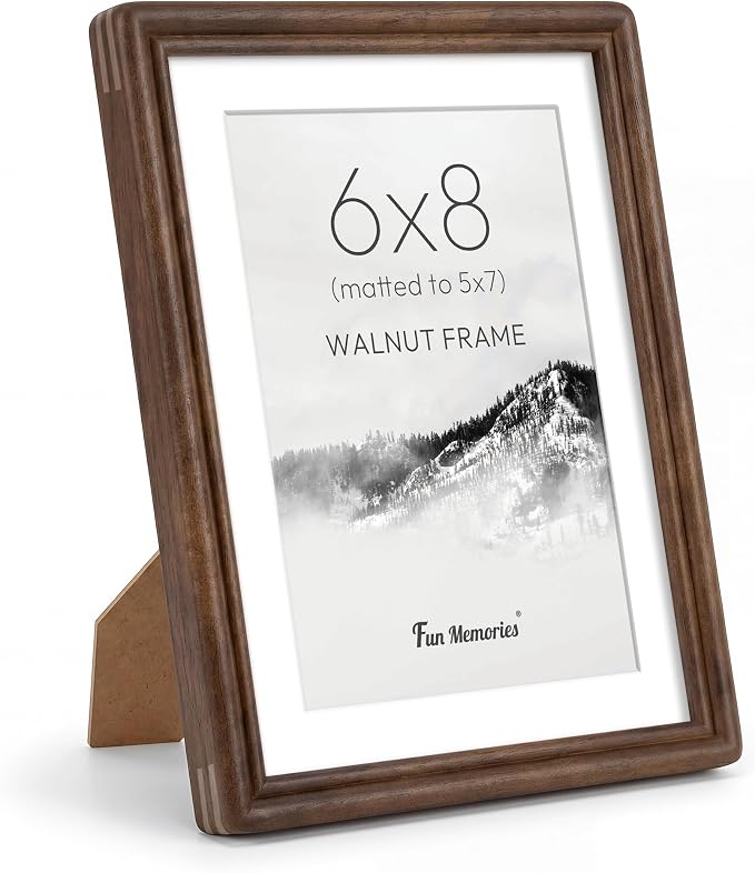 6x8 Picture Frame with Mat for 5x7, USA-Sourced Natural Walnut Wood Handcrafted Rounded Corner with HD Tempered Glass, 6 x 8 Photo Frames Gallery Wall & Tabletop, Vertical or Horizontal Display