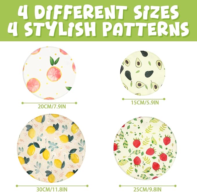 4-Pack Reusable Cotton Bowl Covers with Fruit Pattern, 6/8/10/12 Inch Elastic Food Storage Covers for Bread Proofing, Sourdough Dough, Kitchen Containers & Food Storage