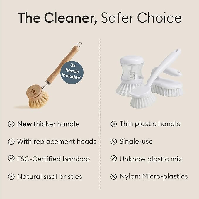 Vove Bamboo Dish Brush with 3 Replacement Heads, Plastic-Free Kitchen Scrub Brush for Pots Pans and Dishes, FSC-Certified Bamboo Handle with Natural Fiber Bristles, Non-Toxic Zero-Waste