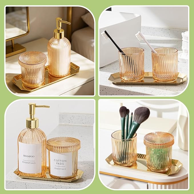 Yaomiao 7 Pack Amber Glass Bathroom Accessories Set, 2 Pcs Cotton Swabs Jar with Lids, 2 Pcs 18 oz Soap Dispenser with Pump and 2 Trays and Labels for Bathroom Kitchen Counter Organizer Vintage Gift