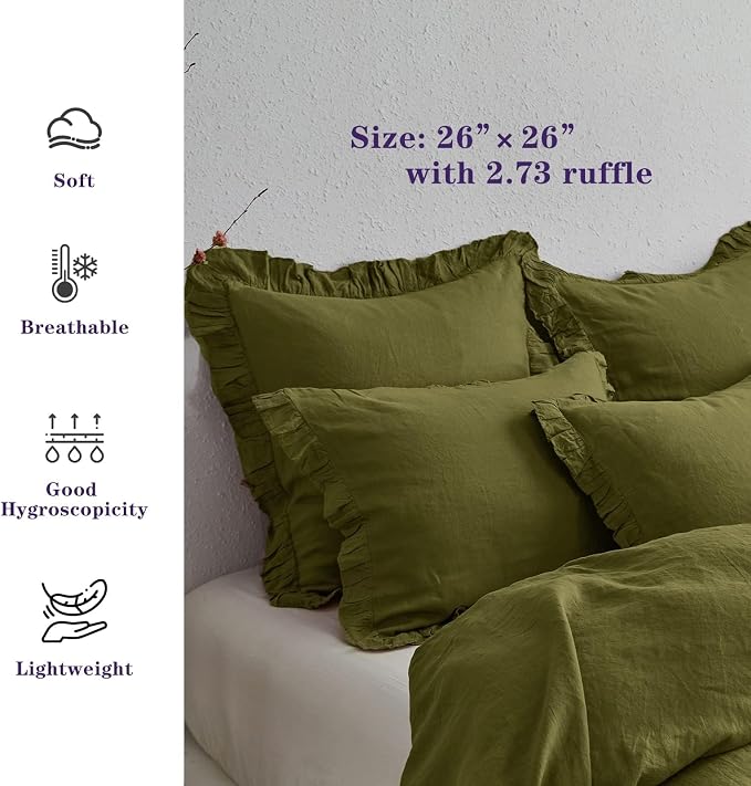 Simple&Opulence 100% Linen Euro Sham Covers with Ruffle, 26x26 Inch Pillow Covers Set of 2, Euro Pillow Shams for Bed Couch French Home Decor Luxury and Breathable Square Pillow Cases, Olive Green