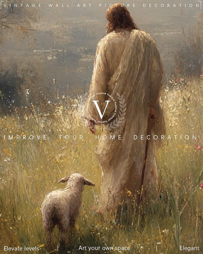 Vodefoad Vintage Wall Art Dector Jesus Leaves The 99 Christian Good Shepherd Artwork Lost Sheep Parable Boho Christian Landscape Oil Painting Bible Verse Canvas for Home Bedroom Holiday Dector - 8x10Inch Unframe