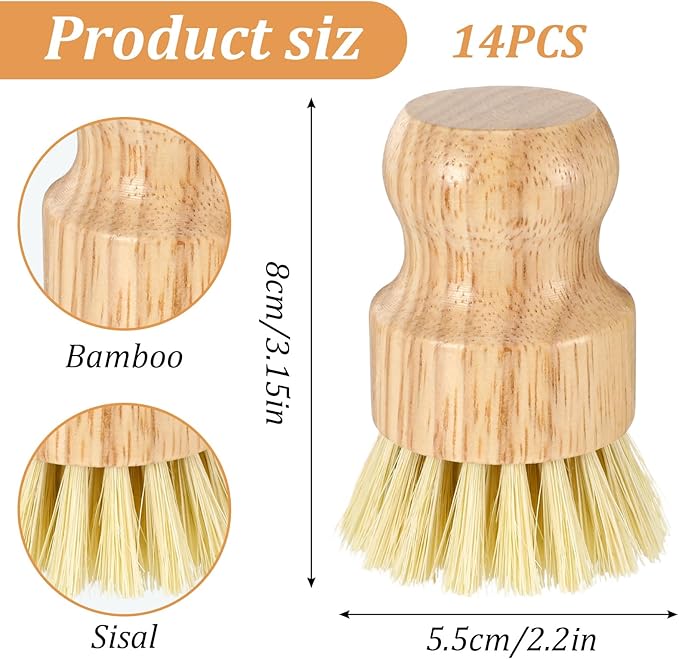 14 Pack Bamboo Dish Brush Set Natural Sisal Scrub Brushes for Pots Pans Sinks Vegetables, Wooden Dishwashing Scrubber Brush Kitchen Cleaning Tool