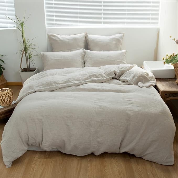 Simple&Opulence 100% Linen Duvet Cover Set 3pcs Basic Style Natural French Washed Flax Solid Color Soft Breathable Farmhouse Bedding with Button Closure - Linen, Full