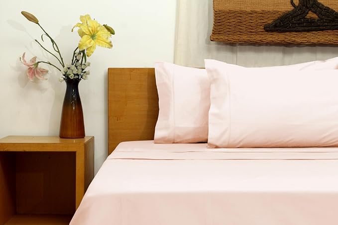Organic Cotton Long Staple Silky Soft Single Pick Sateen Bed Sheet Set - Luxurious & Premium Hotel Quality - GOTS Certified - Solid Dyed (Pearl Blush, King (U.S. Standard))