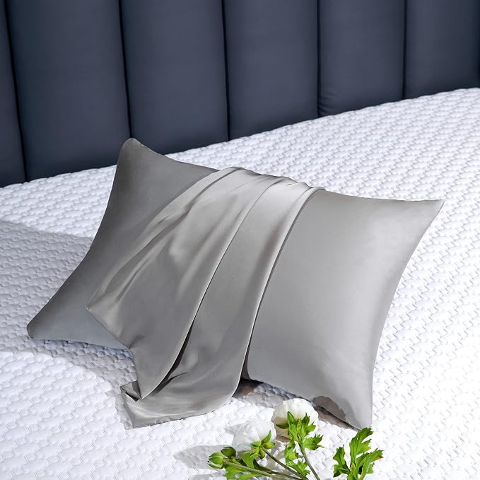 100% Mulberry Silk Pillowcase 2 Pack for Hair and Skin,with Hidden Zipper,Both Sides 19 Momme 600 Thread Count Natural Silk Pillow Cover,Soft Breathable Smooth (Gray, Queen 20''x30'')