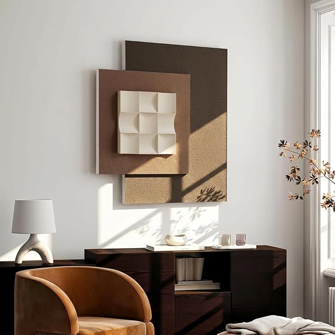 Vaskuro Extra Large 3D Wood Textured Neutral Art, Modern Minimalist Abstract Artwork for Living Dining Room, Handmade, Sandstone Layered, Organic home Office Brown Cozy Zen Wall Decor, 29x31.5in