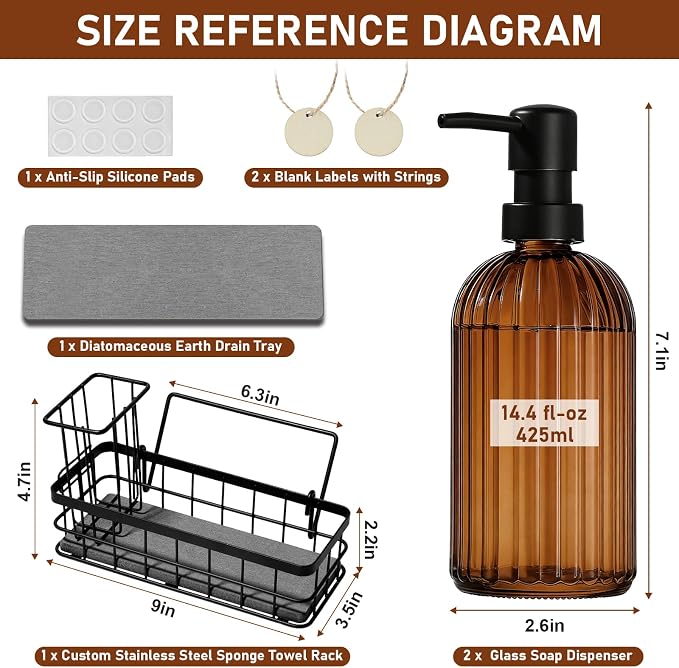 Kitchen Soap Dispenser Set, 14.4 oz/425 ml Hand and Dish Soap Dispenser Set, Dish Soap Dispenser with Sponge Holder & Diatomite Tray, for Countertop Organizer, Amber