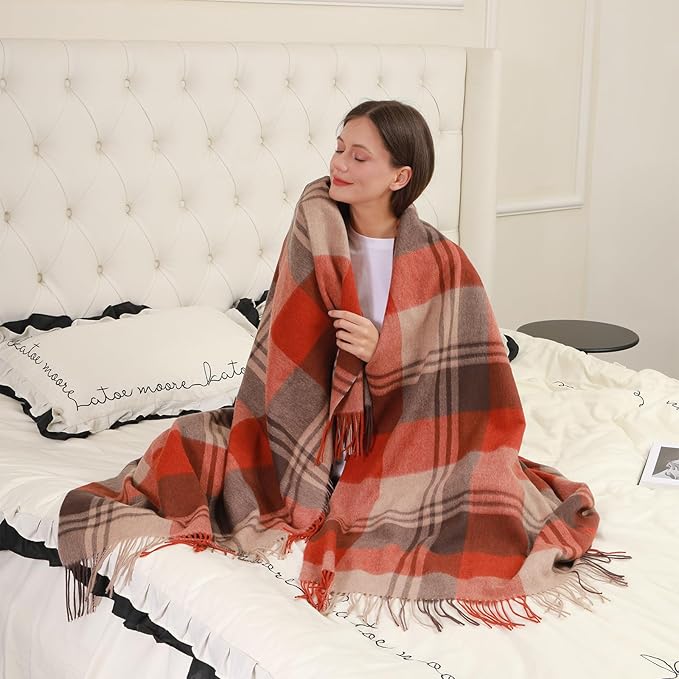 100% Wool Blanket Throw,Burgundy Plaid Wool Blanket with Compact Bag,Rustic Soft Lightweight Blanket for Couch,Sofa,Bed & Lounging Decoration,Travel Blanket for Home, Airplane,Ideal Gifts 55"x83"